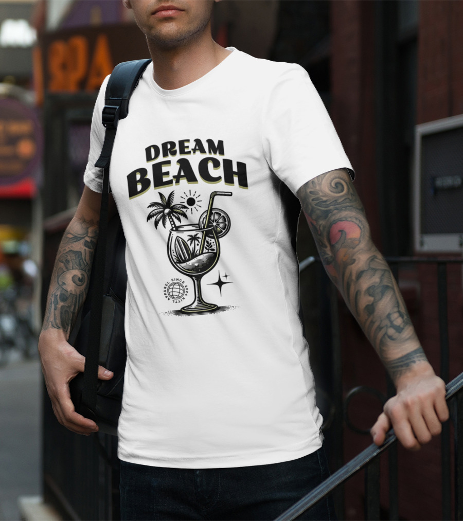 Dream Beach Travel Since 1981 Tropical Cocktail Palm Trees Sun And Moon T-Shirt