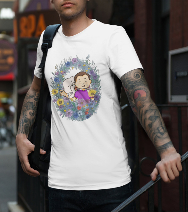 Dog Dad Cartoon Embrace In Floral Frame T-Shirt