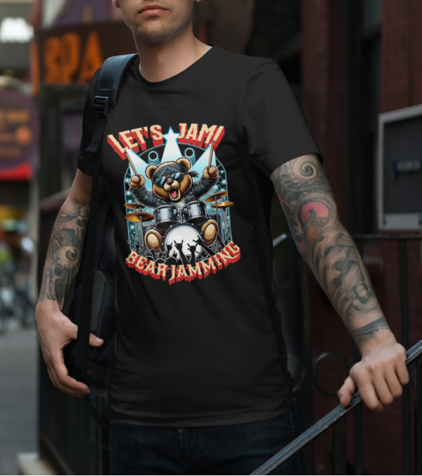 Let's Jam Bear Jamming Rock Drummer Concert Stage Electric Bear T-Shirt