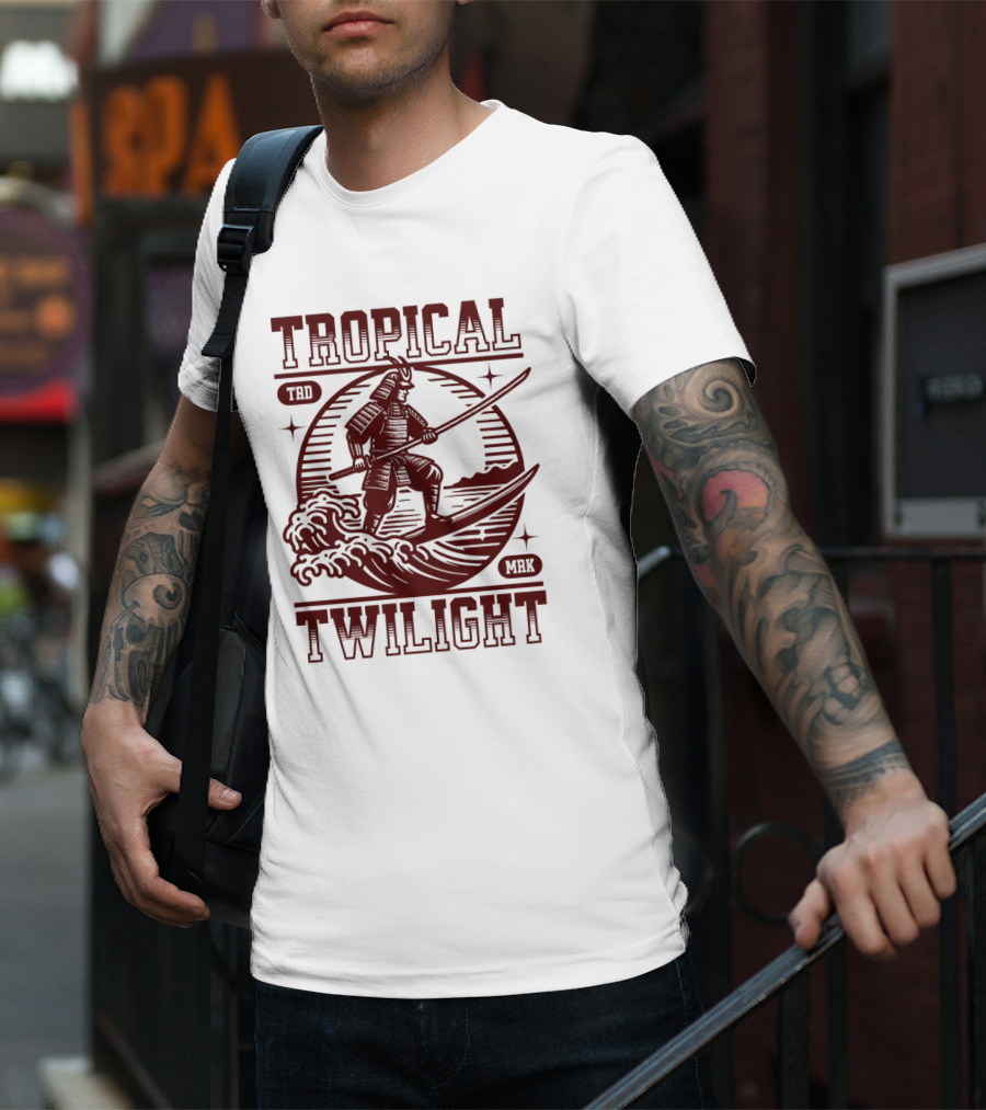 Tropical Twilight Surfing Samurai On Waves In Sunset Scene With TRD MRK T-Shirt