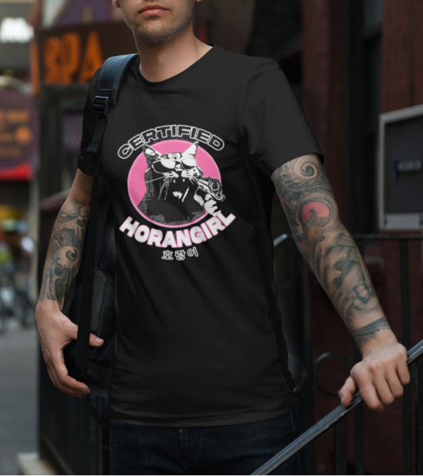 Certified Horangirl 호랑이 Cat With Sunglasses And Toy Gun In Pink Circle T-Shirt