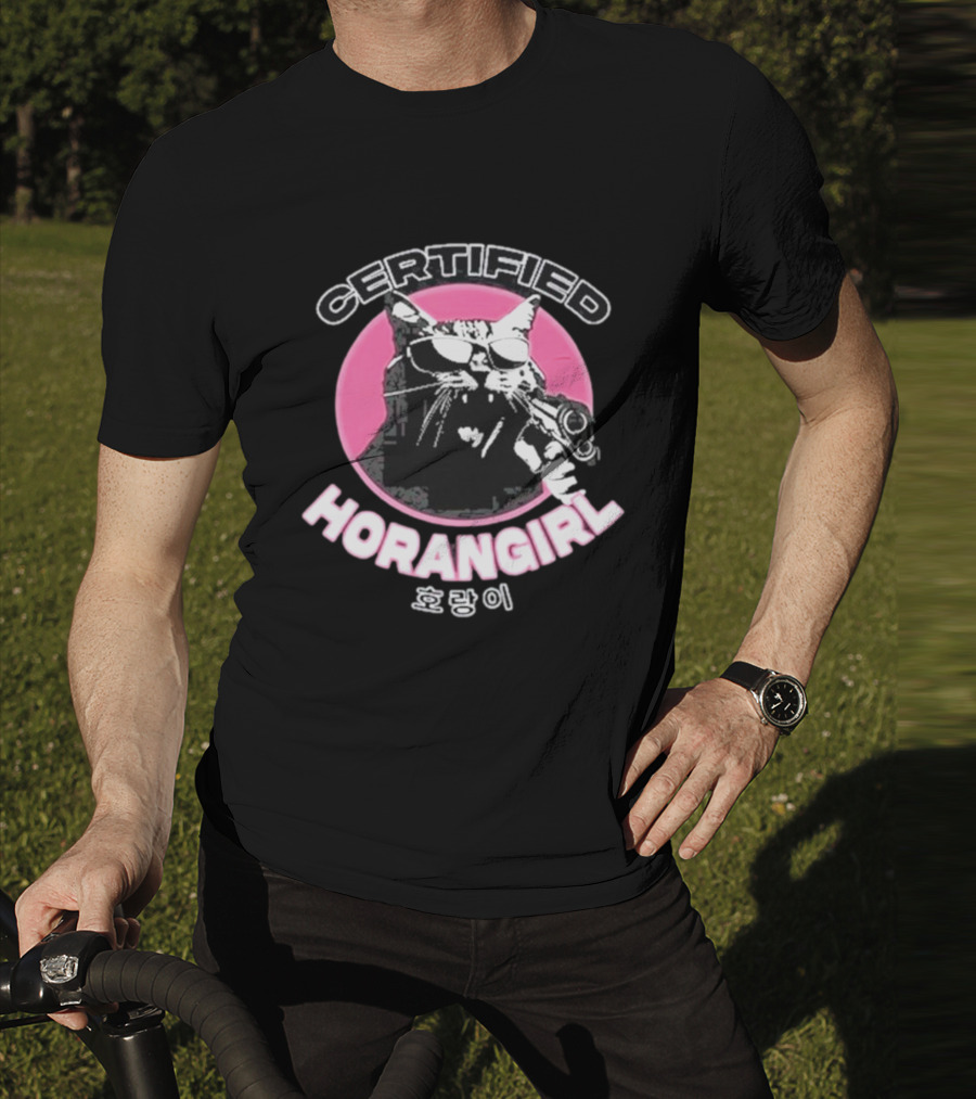 Certified Horangirl 호랑이 Cat With Sunglasses And Toy Gun In Pink Circle T-Shirt