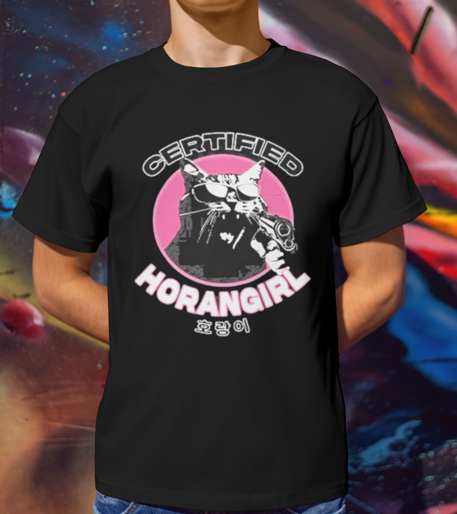 Certified Horangirl 호랑이 Cat With Sunglasses And Toy Gun In Pink Circle T-Shirt