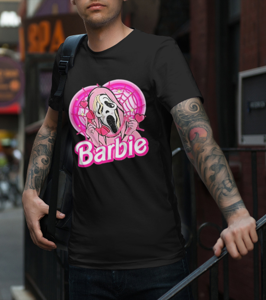 Barbie Horror Doll Ghost Face With Hearts And Pink Spiderwebs T-Shirt