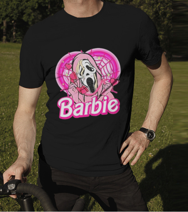 Barbie Horror Doll Ghost Face With Hearts And Pink Spiderwebs T-Shirt