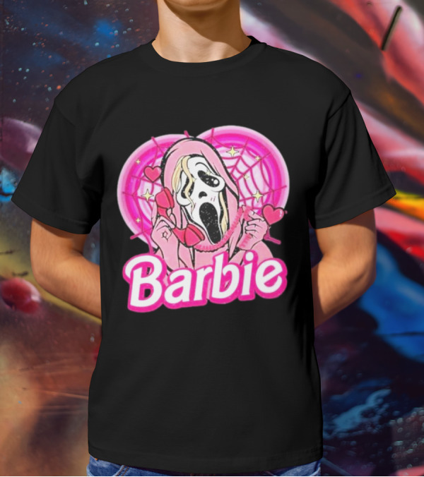 Barbie Horror Doll Ghost Face With Hearts And Pink Spiderwebs T-Shirt