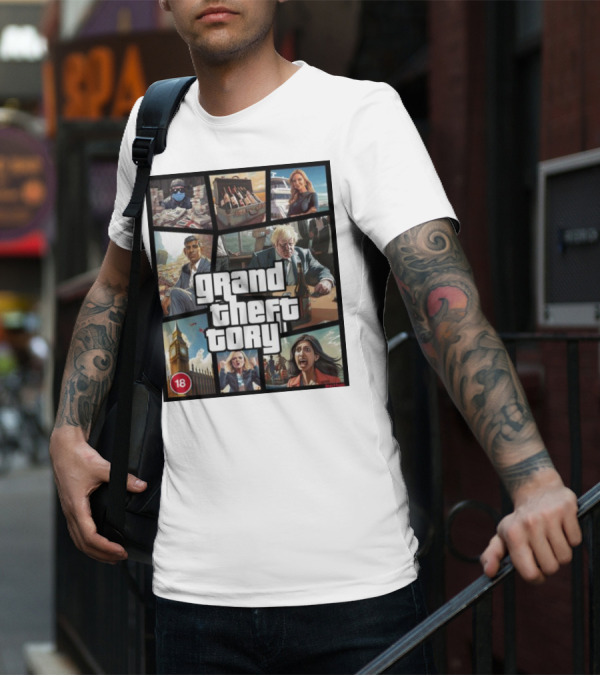 Grand Theft Tory GTA Big Ben Crime Drama 18+ Rating T-Shirt