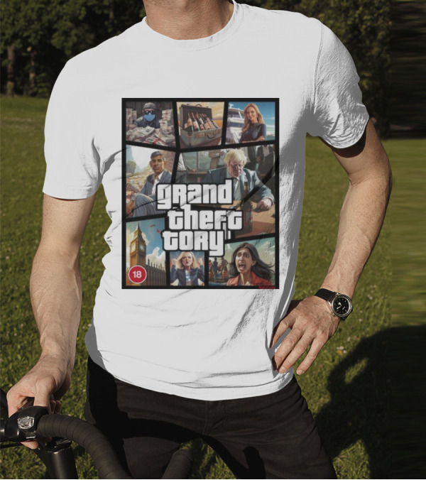 Grand Theft Tory GTA Big Ben Crime Drama 18+ Rating T-Shirt