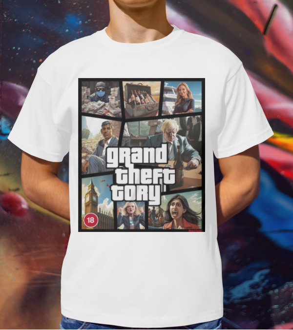 Grand Theft Tory GTA Big Ben Crime Drama 18+ Rating T-Shirt