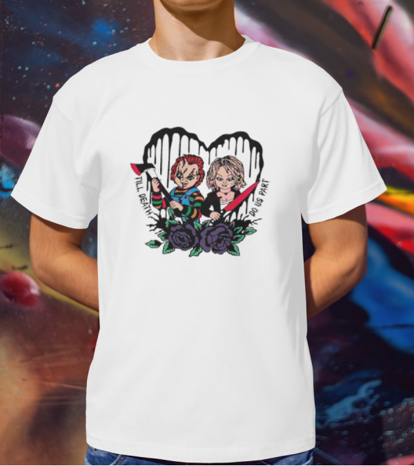 Chucky And Tiffany Till Death Do Us Part Horror Heart Roses T-Shirt