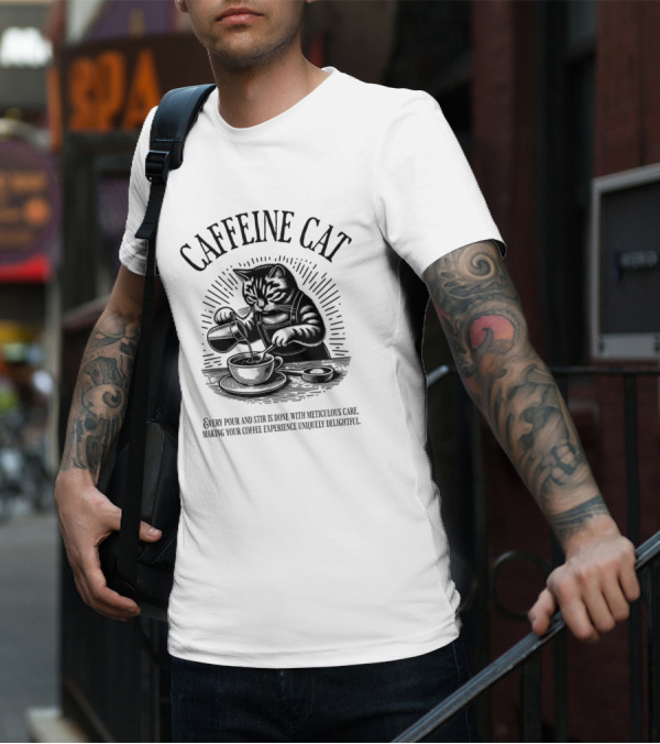 CAFFEINE CAT EVERY POUR AND STIR IS DONE WITH METICULOUS CARE MAKING YOUR COFFEE EXPERIENCE UNIQUELY DELIGHTFUL T-Shirt