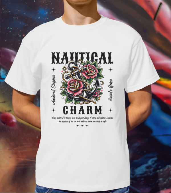 Nautical Charm Anchored Elegance Ocean's Grace Rose Ribbon T-Shirt