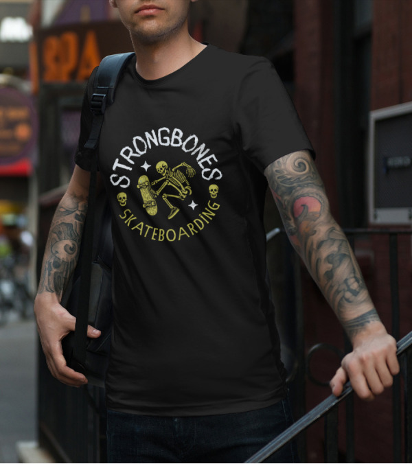 Strongbones Skateboarding Skeleton With Skull Accents T-Shirt