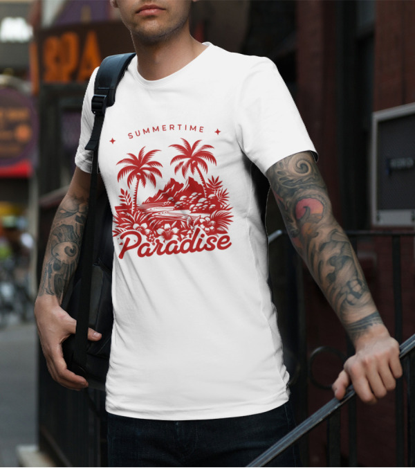 Summertime Paradise Palm Trees And Mountains Landscape T-Shirt