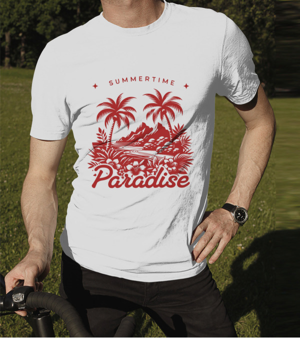 Summertime Paradise Palm Trees And Mountains Landscape T-Shirt