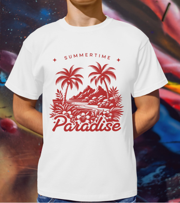 Summertime Paradise Palm Trees And Mountains Landscape T-Shirt