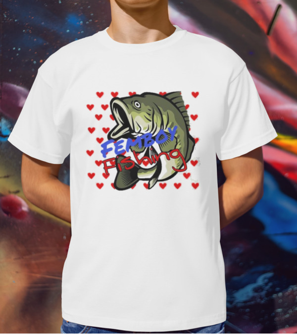 Femboy Fishing With Heart Pattern And Big Mouth Bass T-Shirt