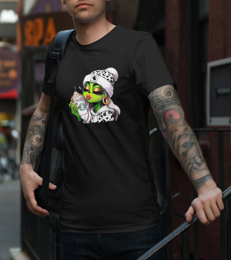 Grinchmas Blend Leopard Girl With Winter Leopard Beanie And Coffee Cup T-Shirt