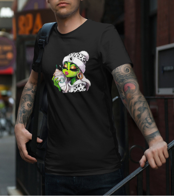 Grinchmas Blend Leopard Girl With Winter Leopard Beanie And Coffee Cup T-Shirt
