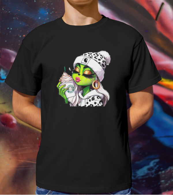 Grinchmas Blend Leopard Girl With Winter Leopard Beanie And Coffee Cup T-Shirt