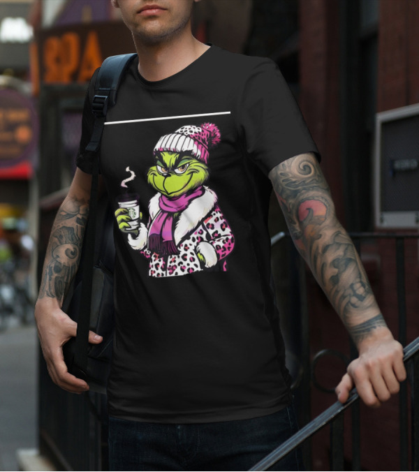 Grinchy And Bougie In Pink Leopard With Coffee Cup T-Shirt