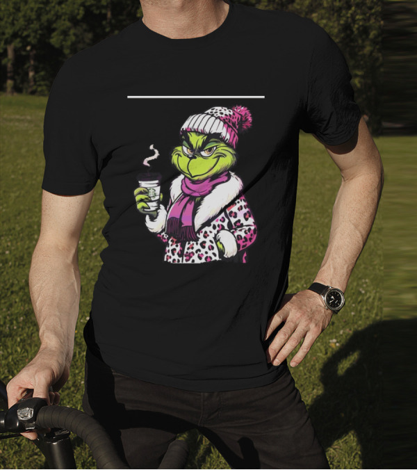 Grinchy And Bougie In Pink Leopard With Coffee Cup T-Shirt