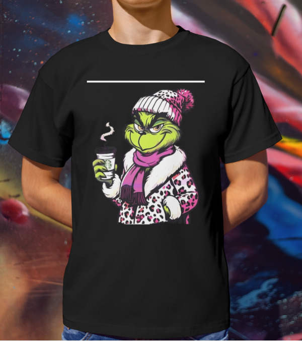 Grinchy And Bougie In Pink Leopard With Coffee Cup T-Shirt