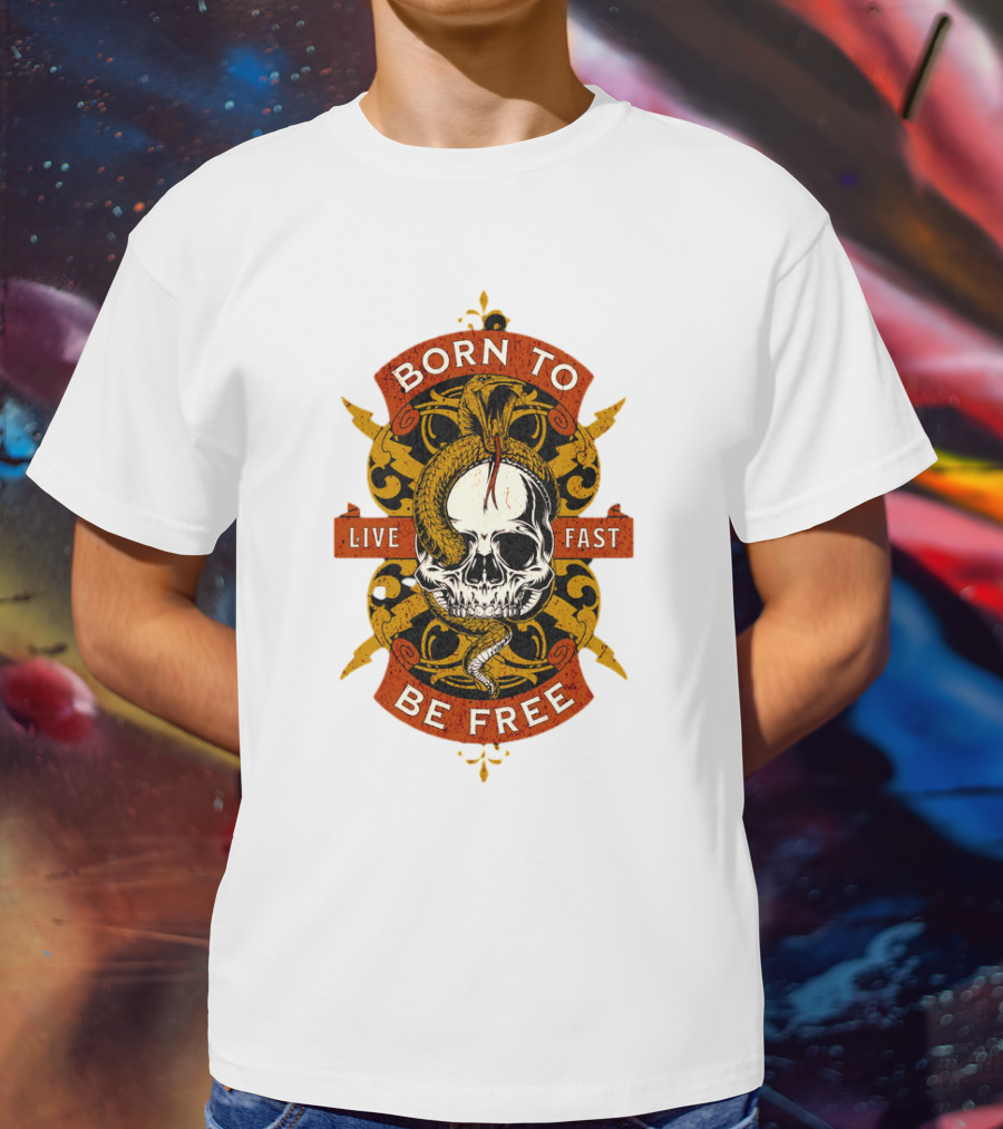 Born To Be Free Live Fast Skull With Snake And Ornate T-Shirt