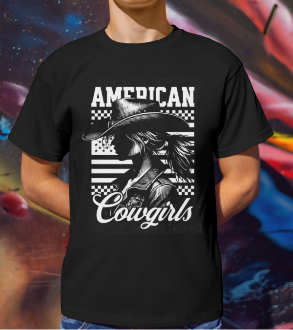 American Cowgirls Vintage Western Style Cowboy Hat Retro Flag T-Shirt