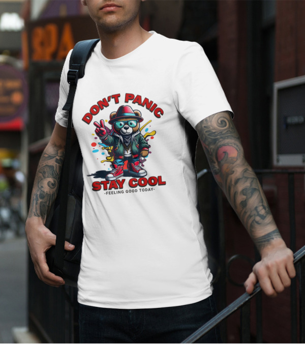 Don't Panic Stay Cool Feeling Good Today Bear With Peace Sign T-Shirt