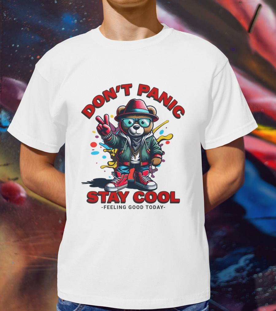 Don't Panic Stay Cool Feeling Good Today Bear With Peace Sign T-Shirt