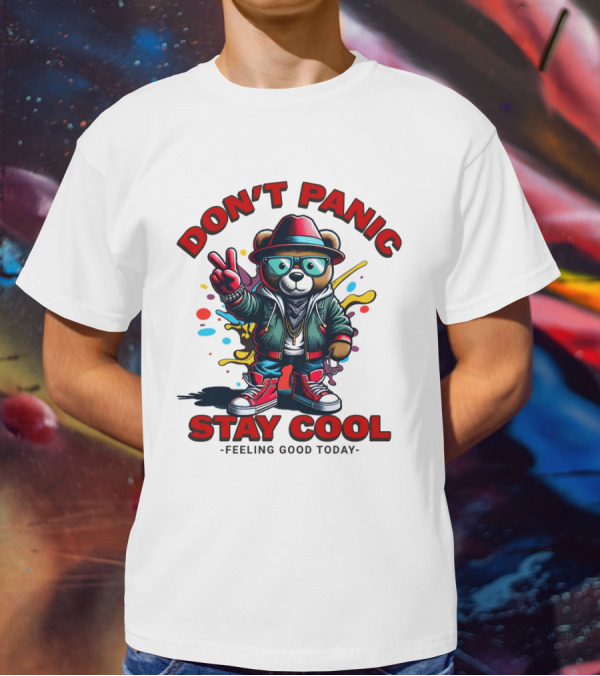 Don't Panic Stay Cool Feeling Good Today Bear With Peace Sign T-Shirt