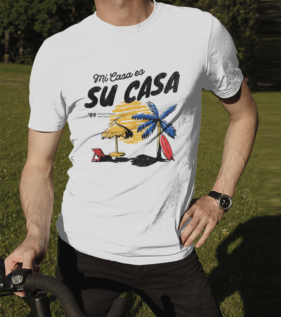 Mi Casa Es Su Casa '89 Beach House Portugal Palm Tree Umbrella Chair Surfboard T-Shirt