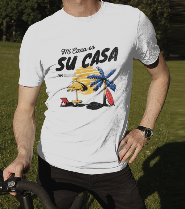 Mi Casa Es Su Casa '89 Beach House Portugal Palm Tree Umbrella Chair Surfboard T-Shirt