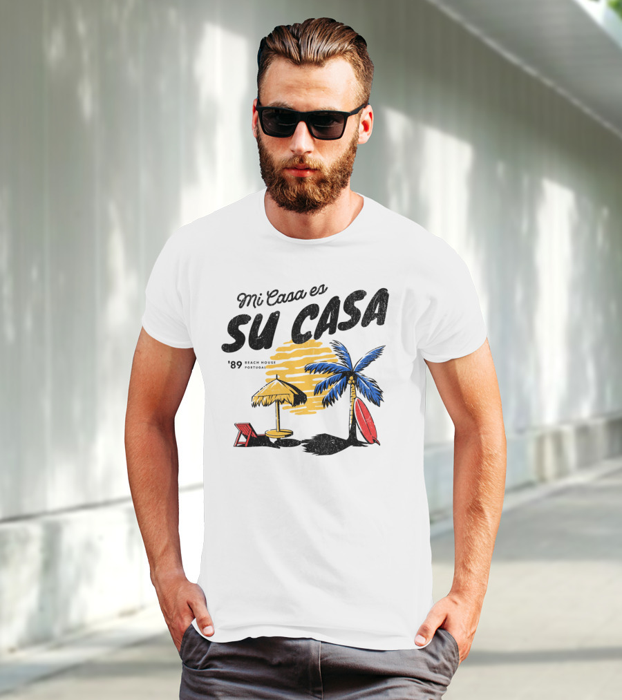 Mi Casa Es Su Casa '89 Beach House Portugal Palm Tree Umbrella Chair Surfboard T-Shirt