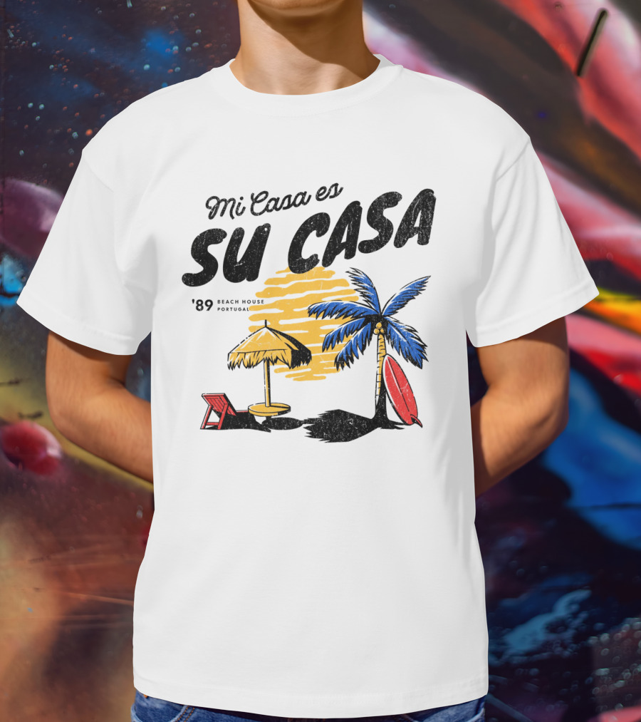 Mi Casa Es Su Casa '89 Beach House Portugal Palm Tree Umbrella Chair Surfboard T-Shirt