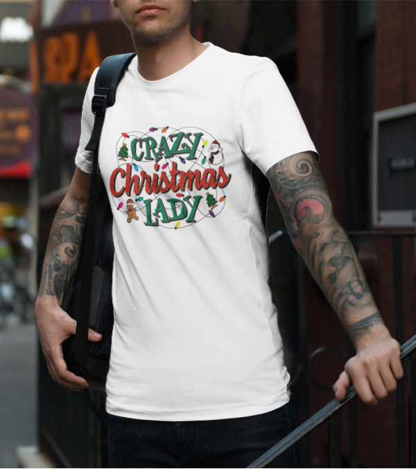 Crazy Christmas Lady Lights Gingerbread Tree Stocking T-Shirt