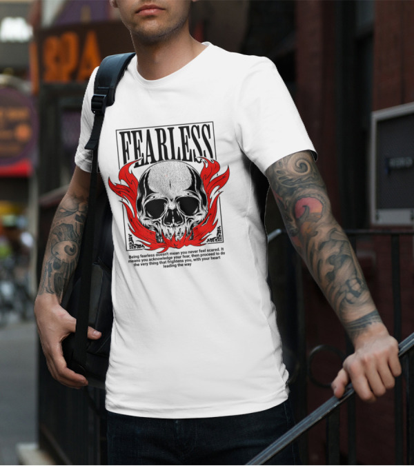 FEARLESS Skull With Red Flames Street Wear T-Shirt