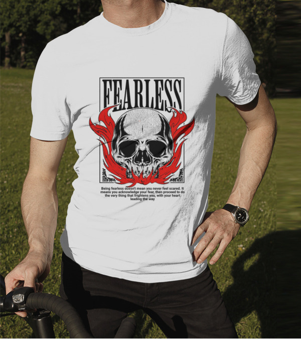 FEARLESS Skull With Red Flames Street Wear T-Shirt