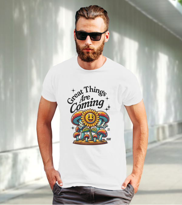 Great Things Are Coming Sunflower With Colorful Mushrooms And Stars T-Shirt
