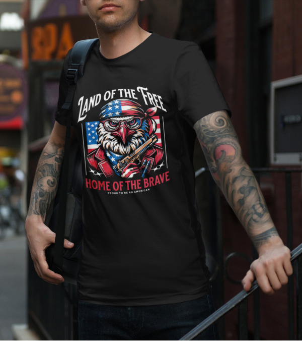 Land Of The Free Home Of The Brave Proud To Be An American Eagle With Bandana And Gun T-Shirt