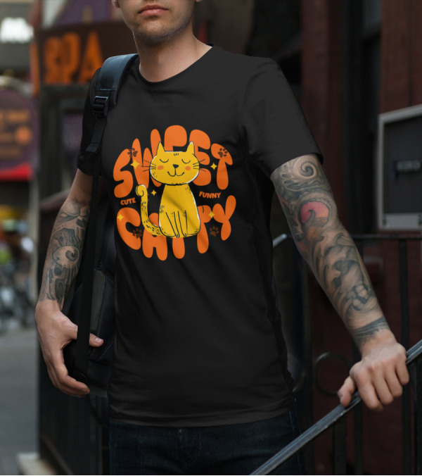 Cute Funny Sweet Cat Happy Yellow Cat With Paw Prints T-Shirt