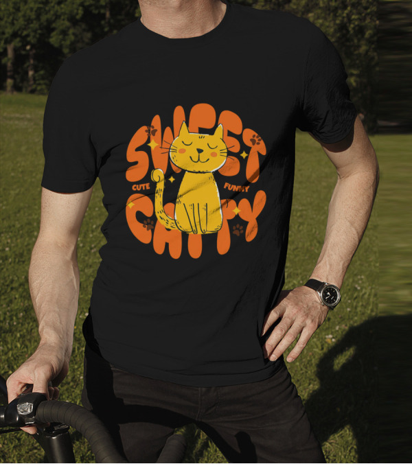 Cute Funny Sweet Cat Happy Yellow Cat With Paw Prints T-Shirt