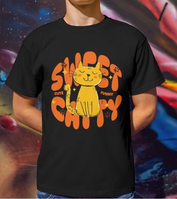 Cute Funny Sweet Cat Happy Yellow Cat With Paw Prints T-Shirt