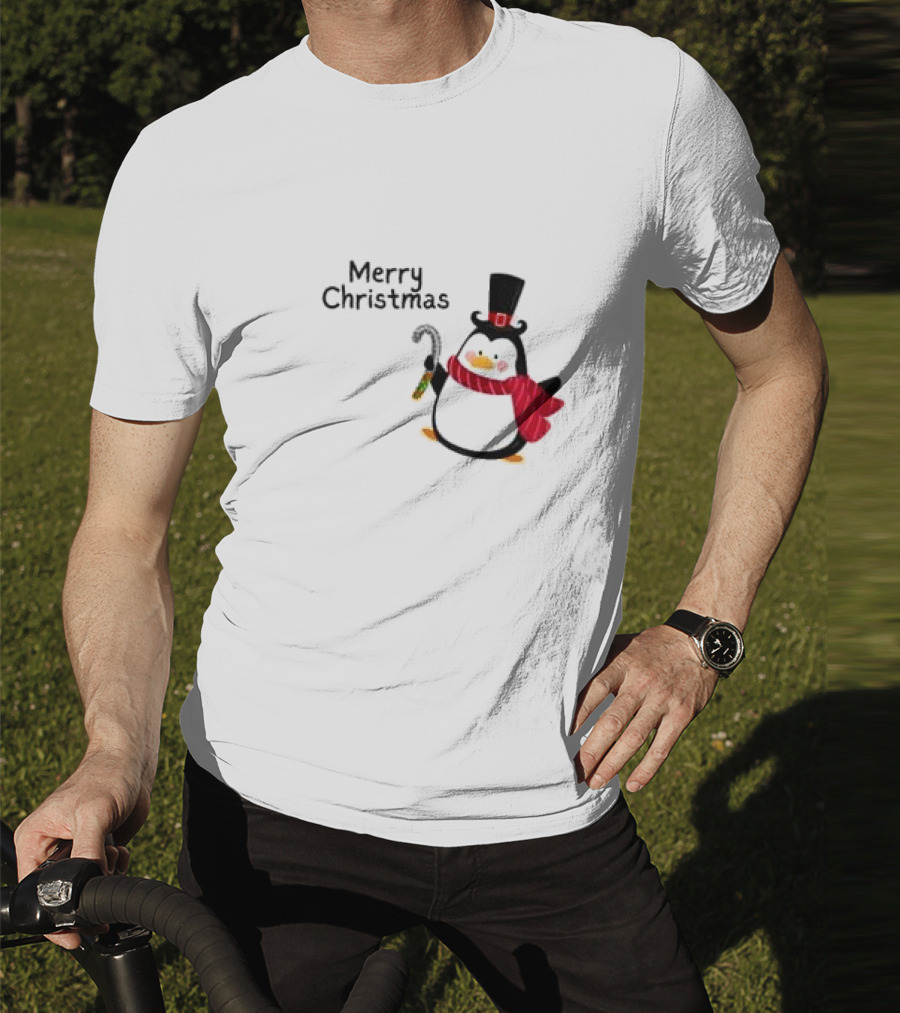 Merry Christmas Penguin With Candy Cane And Top Hat T-Shirt