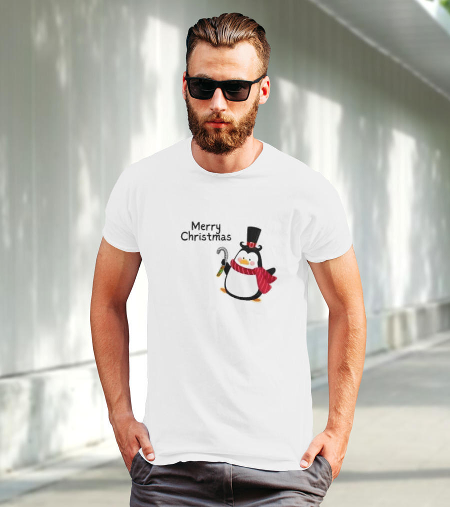 Merry Christmas Penguin With Candy Cane And Top Hat T-Shirt