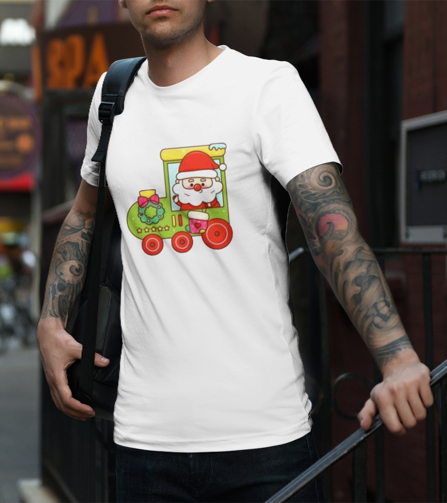 Santa Cute Christmas Train With Wreath And Stars T-Shirt