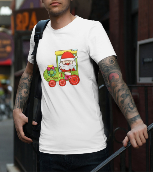 Santa Cute Christmas Train With Wreath And Stars T-Shirt