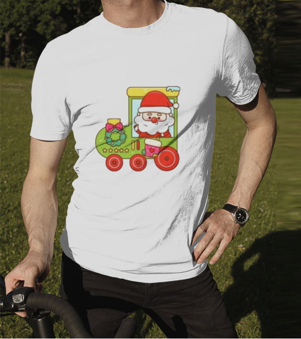 Santa Cute Christmas Train With Wreath And Stars T-Shirt