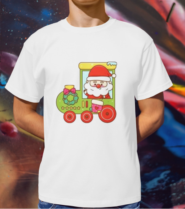 Santa Cute Christmas Train With Wreath And Stars T-Shirt